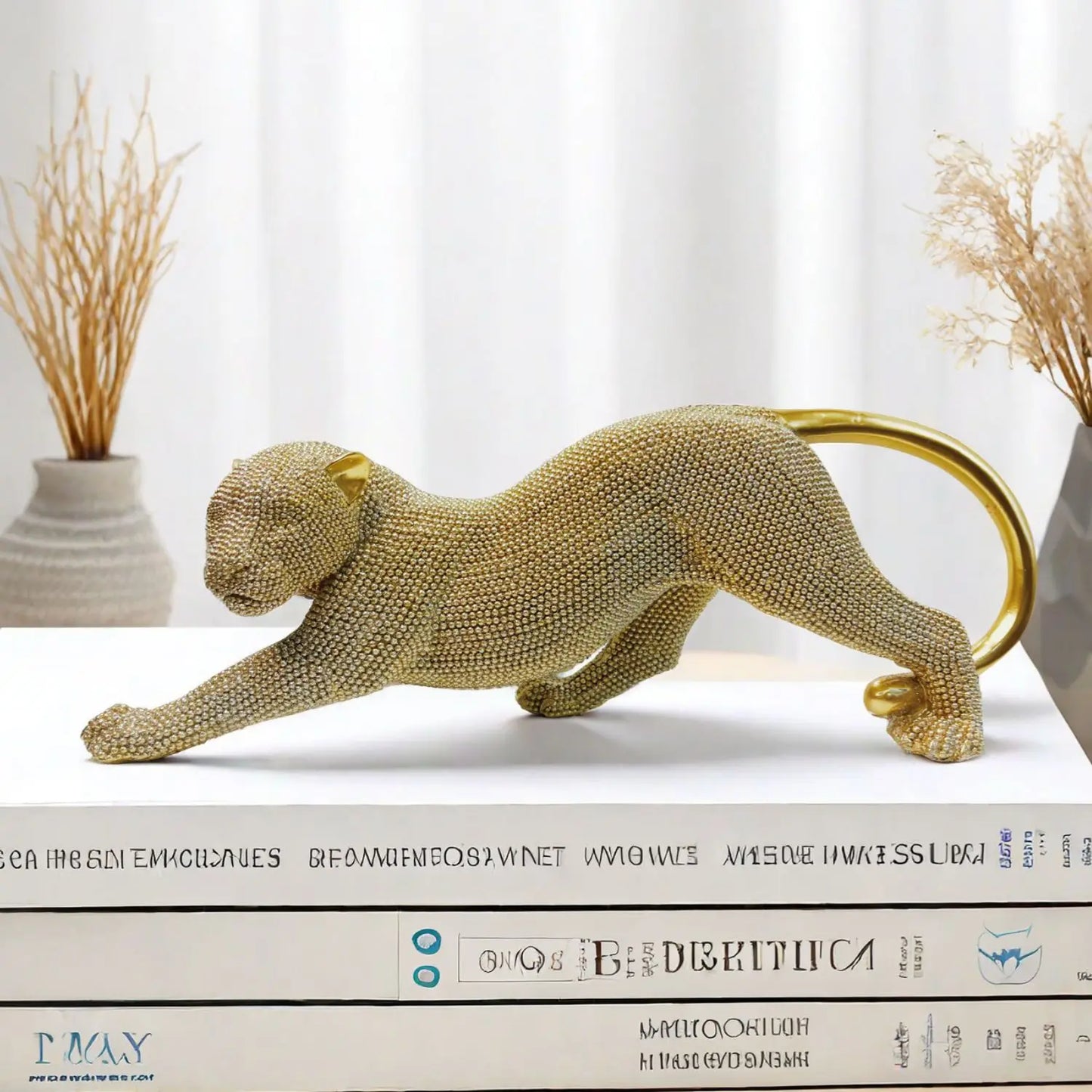 Luxury Crouching Leopard Beaded Design Statue