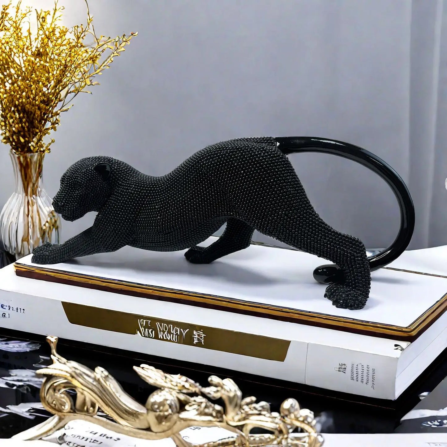 Luxury Crouching Leopard Beaded Design Statue