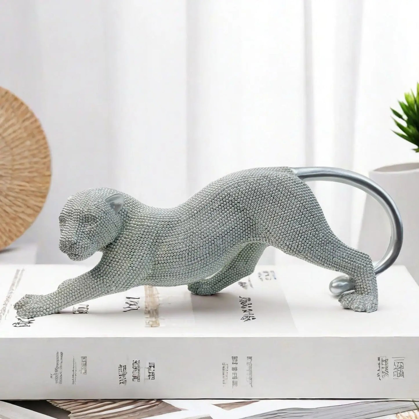 Luxury Crouching Leopard Beaded Design Statue