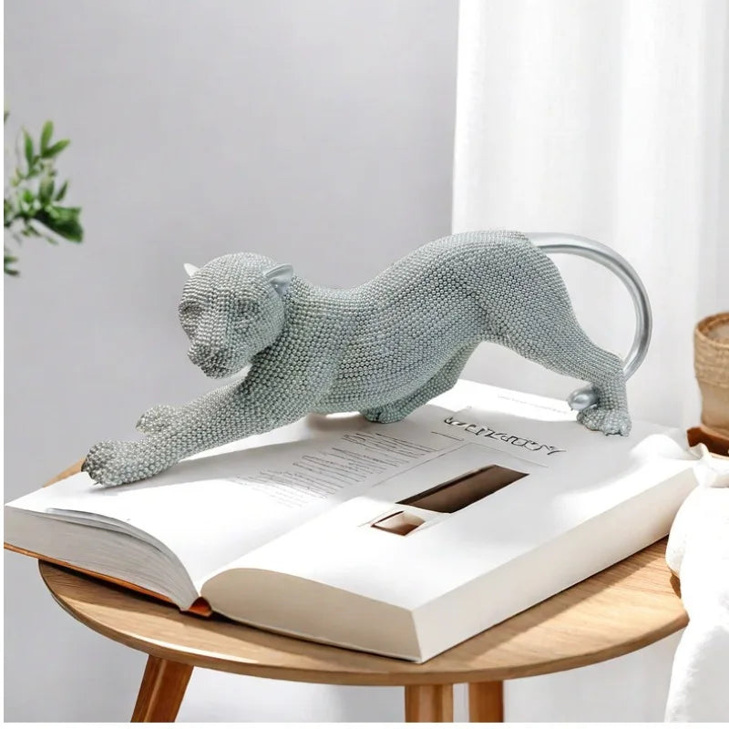 Luxury Crouching Leopard Beaded Design Statue